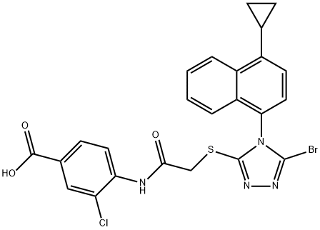 Benzoic acid, 4-[[2-[[5-bromo-4-(4-cyclopropyl-1-naphthalenyl) -4H-1,2,4-triazol -3-yl]thio]acetyl]amino]-3-chloro- Structure