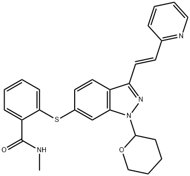 N-Methyl-2-[[3-[(1E)-2-(2-pyridinyl)ethenyl]-1-(tetrahydro-2H-pyran-2-yl)-1H-indazol-6-yl]thio]benzamide 구조식 이미지