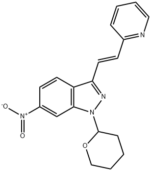 (E)-6-Nitro-3-[2-(pyridin-2-yl)ethenyl]-1-(tetrahydro-2H-pyran-2-yl)-1H-indazole 구조식 이미지