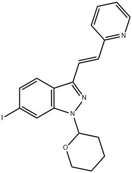 (E)-6-Iodo-3-[2-(pyridin-2-yl)ethenyl]-1-(tetrahydro-2H-pyran-2-yl)-1H-indazole 구조식 이미지