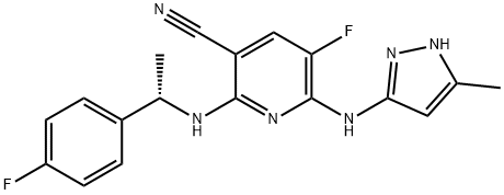 5-Fluoro-2-[[(1S)-1-(4-fluorophenyl)ethyl]amino]-6-[(5-methyl-1H-pyrazol-3-yl)amino]-3-pyridinecarbonitrile 구조식 이미지