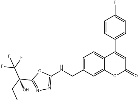 4-(4-Fluorophenyl)-7-[[[5-[(1S)-1-hydroxy-1-(trifluoromethyl)propyl]-1,3,4-oxadiazol-2-yl]amino]methyl]-2H-1-benzopyran-2-one 구조식 이미지