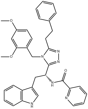 N-[(1R)-1-[4-[(2,4-DIMETHOXYPHENYL)METHYL]-5-(2-PHENYYLETHYL)-4H-1,2,4-TRIAZOL-3-YL]-2-(1H-INDOL-3-YL)ETHYL]-2-PYRIDINECARBOXAMIDE 구조식 이미지