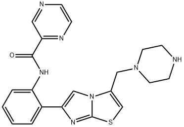 N-(2-(3-(piperazin-1-ylmethyl)imidazo[2,1-b]thiazol-6-yl)phenyl)pyrazine-2-carboxamide 구조식 이미지