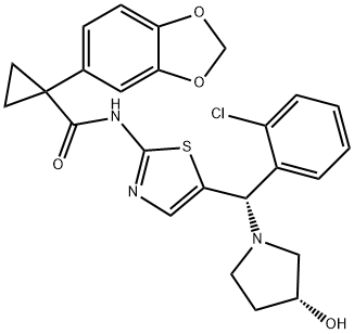1-(1,3-Benzodioxol-5-yl)-N-[5-[(S)-(2-chlorophenyl)[(3R)-3-hydroxy-1-pyrrolidinyl]methyl]-2-thiazolyl]-cyclopropanecarboxamide 구조식 이미지