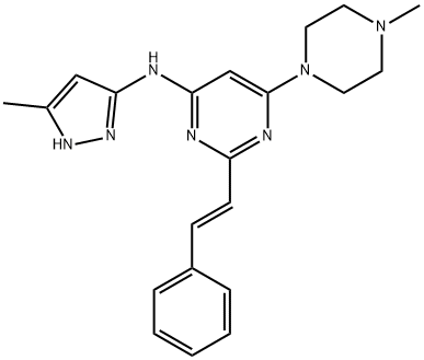6-(4-Methyl-1-piperazinyl)-N-(5-methyl-1H-pyrazol-3-yl)-2-[(1E)-2-phenylethenyl]-4-pyrimidinamine 구조식 이미지