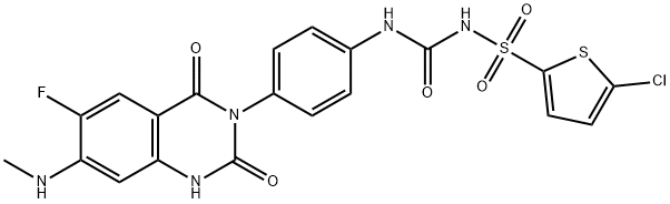5-Chloro-N-[[[4-[6-fluoro-1,4-dihydro-7-(methylamino)-2,4-dioxo-3(2H)-quinazolinyl]phenyl]amino]carbonyl]-2-thiophenesulfonamide 구조식 이미지