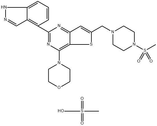 Thieno[3,2-d]pyrimidine, 2-(1H-indazol-4-yl)-6-[[4-(methylsulfonyl)-1-piperazinyl]methyl]-4-(4-morpholinyl)- Structure