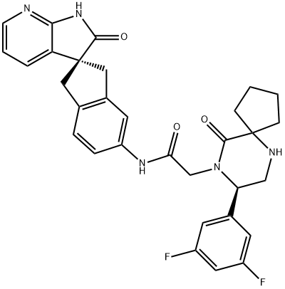 (8R)-8-(3,5-Difluorophenyl)-10-oxo-N-[(2R)-1,1',2',3-tetrahydro-2'-oxospiro[2H-indene-2,3'-[3H]pyrrolo[2,3-b]pyridin]-5-yl]-6,9-diazaspiro[4.5]decane-9-acetamide 구조식 이미지