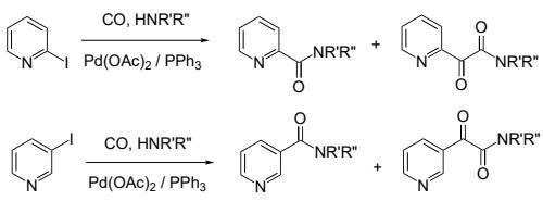 Pd-catalyzed aminocarbonylation of 2-iodopyridine and 3-iodopyridine with primary and secondary amines.