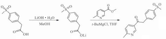 2-(4-甲磺酰基苯基)-1-(6-甲基吡啶-3-基)-乙酮的合成反应式