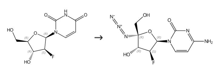 图2 4-氨基-1-(4-C-叠氮基-2-脱氧-2-氟-BETA-D-呋喃阿拉伯糖基)-2(1H)-嘧啶酮的合成路线。