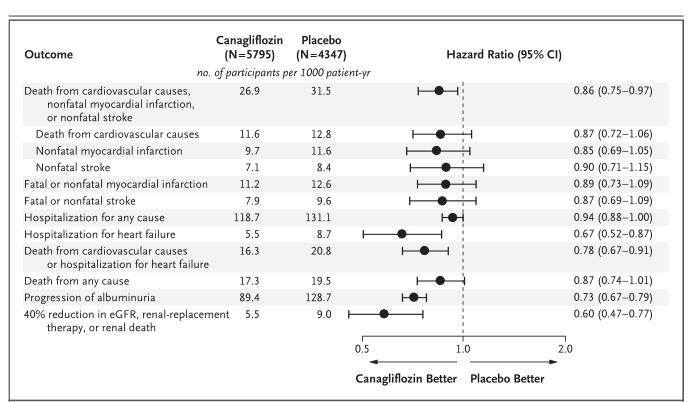 Figure 1 Effects of Canagliflozin on Cardiovascular, Renal, Hospitalization, and Death Events in the Integrated CANVAS Program.