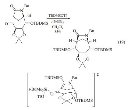 分子内硅烷醛醇反应已被有效地用作合成多种氨基甲糖的关键步骤(方程19).jpg