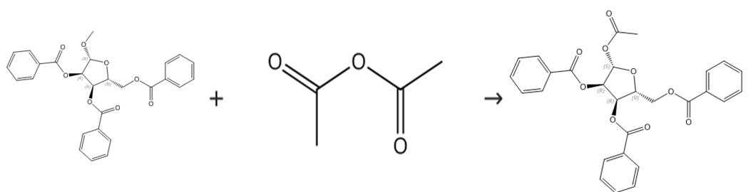 图1 1-乙酰氧基-2，3，5-三苯甲酰氧基-1-beta-D-呋喃核糖的合成路线