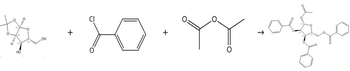 图2 1-乙酰氧基-2，3，5-三苯甲酰氧基-1-beta-D-呋喃核糖的合成路线