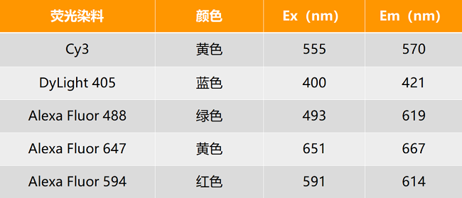 荧光染料对应表