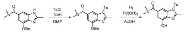 图1 4-羟基-N,N,2-三甲基-1-对甲苯磺酰基-1H-苯并[D]咪唑-6-甲酰胺的合成反应式.png