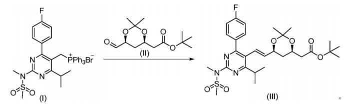 6-[(1E)-2-[4-(4-氟苯基)-6-异丙基-2-[甲基(甲磺酰)氨基]-5-嘧啶]乙烯基]-2,2-二甲基-1,3-二氧六环-4-乙酸叔丁酯反应式