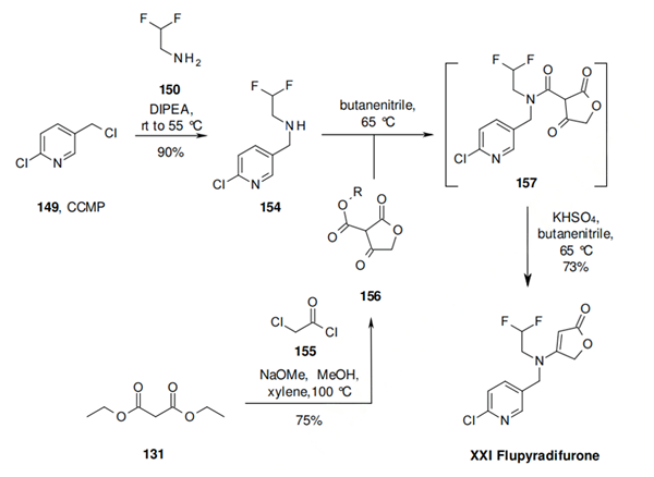 Synthesis of flupyradifurone (XXI) by an amide rearrangement pathway.