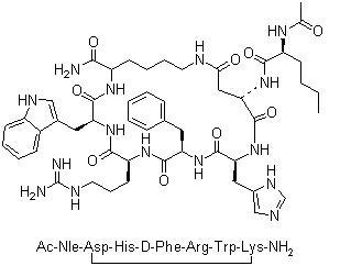 CAS # 121062-08-6, Melanotan II, N-Acetyl-L-norleucyl-L-alpha-aspartyl-L-histidyl-D-phenylalanyl-L-arginyl-L-tryptophyl-L-lysinamide (2->7)-lactam, Ac-Nle-Asp-His-D-Phe-Arg-Trp-Lys-NH2, Ac-[Nle4,Asp5,D-Phe7,Lys10]alpha-MSH-(4-10)-NH2