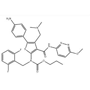 Carbamic acid, N-[5-(4-aminophenyl)-4-[(dimethylamino)methyl]-3-[[(6-methoxy-3-pyridazinyl)amino]carbonyl]-2-thienyl]-N-[(2,6-difluorophenyl)methyl]-, propyl ester
