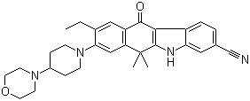 CAS # 1256580-46-7, CH 5424802, 9-Ethyl-6,11-dihydro-6,6-dimethyl-8-[4-(4-morpholinyl)-1-piperidinyl]-11-oxo-5H-benzo[b]carbazole-3-carbonitrile