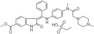 CAS 登录号：656247-18-6, (3Z)-2,3-二氢-3-[[[4-[甲基[2-(4-甲基-1-哌嗪基)乙酰]氨基]苯基]氨基]苯亚甲基]-2-氧代-1H-吲哚-6-甲酸甲酯乙磺酸盐