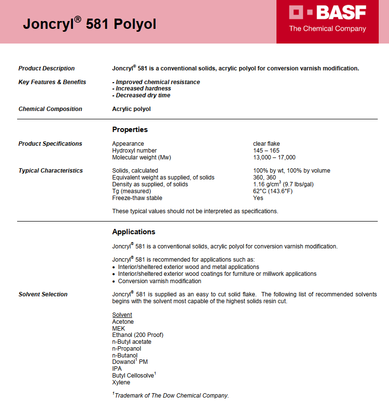 巴斯夫固体羟基丙烯酸树脂Joncryl581