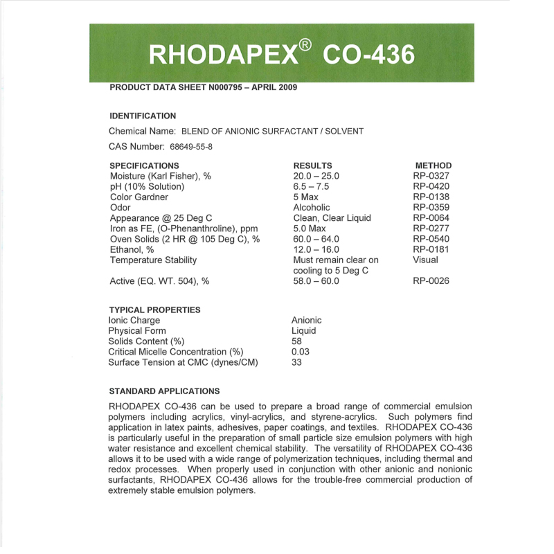 索尔维CO436乳化剂 稳定剂 壬基酚聚氧乙烯醚硫酸铵盐广东总代理