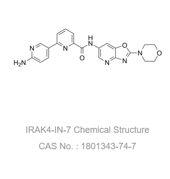 CA-4948是一种选择性和有效的白介素 1 受体相关激酶 4 (IRAK4) 抑制剂,可用作具有失调的TLR/MYD88/IRAK4信号传导的血液癌症的治疗剂及炎症疾病的研究。