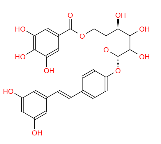 白藜芦醇-4'-O-BETA-D-(6''-O-没食子酰) 葡萄糖苷，64898-03-9，Resveratrol-4'-(6"-galloylglucoside)，天然产物。