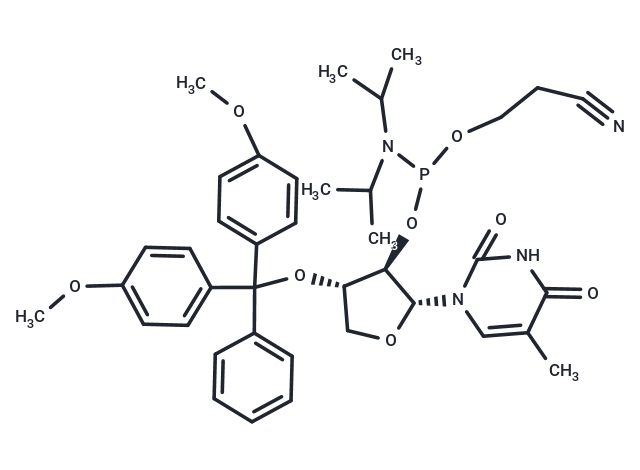 化合物 1-{2’-O-[(2-Cyanoethoxy)(diisopropyl ? amino)phosphino]-3’-O-[(4,4’-dimethoxytriphenyl)methyl]-?-L-threofuranosyl} ? thymine|TNU1607|TargetMol