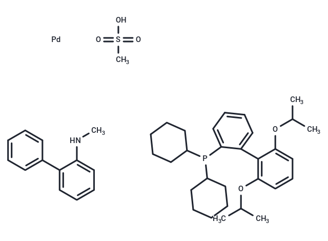 化合物 Methanesulfonato(2-dicyclohexylphosphino-2',6'-di-i-propoxy-1,1'-biphenyl)(2'-methylamino-1,1'-biphenyl-2-yl)palladium(II)|T67258|TargetMol