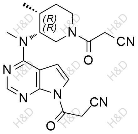 3-(4-(((3R,4R)-1-(2-cyanoacetyl)-4-methylpiperidin-3-yl)(methyl)amino)-7H-pyrrolo[2,3-d]pyrimidin-7-yl)-3-oxopropanenitrile	托法替尼杂质H