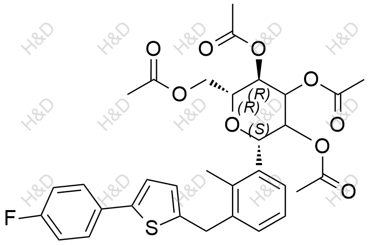 (2R,3R,6S)-2-(acetoxymethyl)-6-(3-((5-(4-fluorophenyl)thiophen-2-yl)methyl)-2-methylphenyl)tetrahydro-2H-pyran-3,4,5-triyl triacetate	卡格列净杂质9	