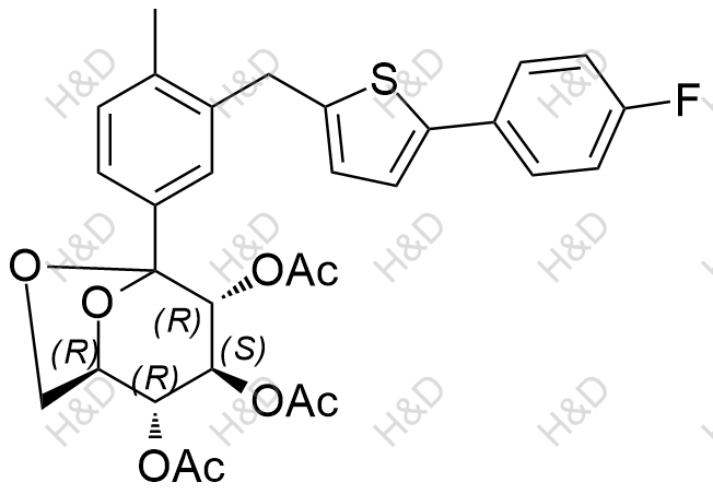 (1R,2R,3S,4R)-5-(3-((5-(4-fluorophenyl)thiophen-2-yl)methyl)-4-methylphenyl)-6,8-dioxabicyclo[3.2.1]octane-2,3,4-triyl triacetate	卡格列净杂质12	