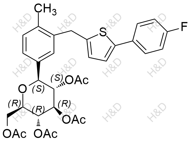 (2R,3R,4R,5S,6S)-2-(acetoxymethyl)-6-(3-((5-(4-fluorophenyl)thiophen-2-yl)methyl)-4-methylphenyl)tetrahydro-2H-pyran-3,4,5-triyl triacetate	卡格列净杂质17	