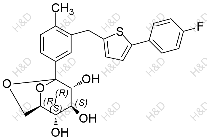 (1R,2S,3S,4R)-5-(3-((5-(4-fluorophenyl)thiophen-2-yl)methyl)-4-methylphenyl)-6,8-dioxabicyclo[3.2.1]octane-2,3,4-triol	卡格列净杂质28	