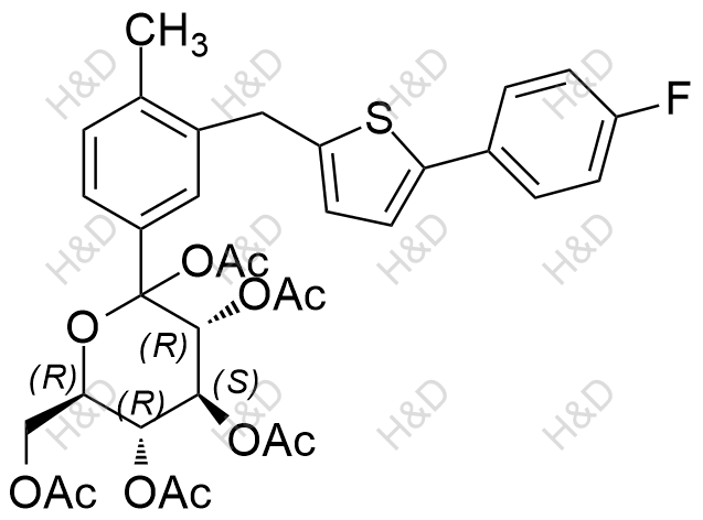 (3R,4S,5R,6R)-6-(acetoxymethyl)-2-(3-((5-(4-fluorophenyl)thiophen-2-yl)methyl)-4-methylphenyl)tetrahydro-2H-pyran-2,3,4,5-tetrayl tetraacetate	卡格列净杂质30	