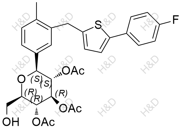 (2S,3S,4R,5R,6R)-2-(3-((5-(4-fluorophenyl)thiophen-2-yl)methyl)-4-methylphenyl)-6-(hydroxymethyl)tetrahydro-2H-pyran-3,4,5-triyl triacetate	卡格列净杂质32	