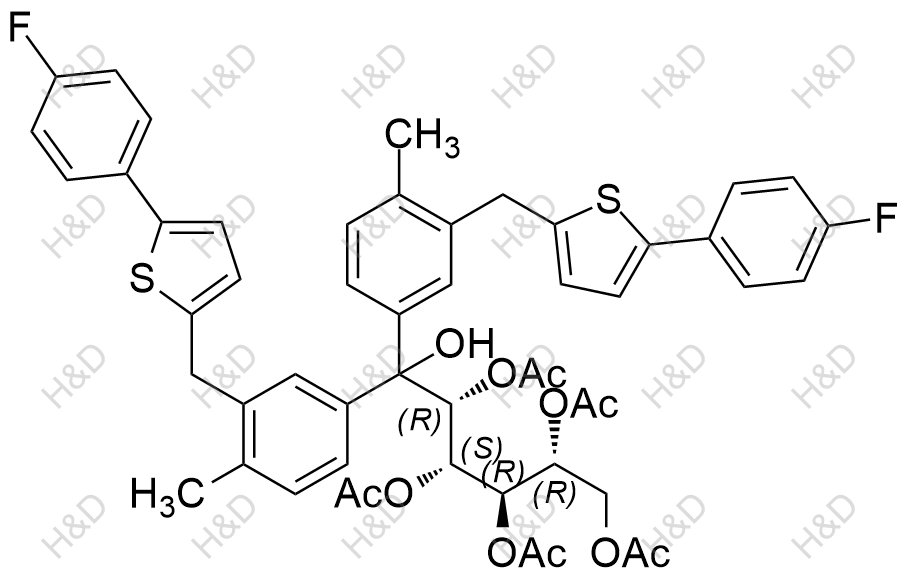 (2R,3R,4S,5R)-6,6-bis(3-((5-(4-fluorophenyl)thiophen-2-yl)methyl)-4-methylphenyl)-6-hydroxyhexane-1,2,3,4,5-pentayl pentaacetate	卡格列净杂质34	