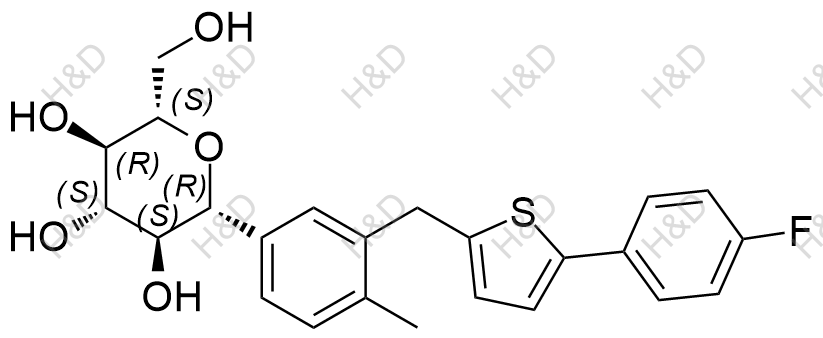 (2R,3S,4S,5R,6S)-2-(3-((5-(4-fluorophenyl)thiophen-2-yl)methyl)-4-methylphenyl)-6-(hydroxymethyl)tetrahydro-2H-pyran-3,4,5-triol	卡格列净异构体杂质1	