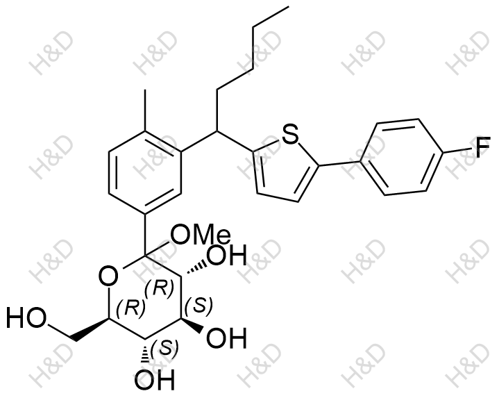 (3R,4S,5S,6R)-2-(3-(1-(5-(4-fluorophenyl)thiophen-2-yl)pentyl)-4-methylphenyl)-6-(hydroxymethyl)-2-methoxytetrahydro-2H-pyran-3,4,5-triol	卡格列净杂质44	