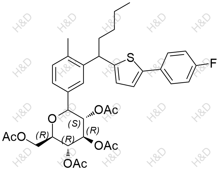 (2R,3R,4R,5S)-2-(acetoxymethyl)-6-(3-(1-(5-(4-fluorophenyl)thiophen-2-yl)pentyl)-4-methylphenyl)tetrahydro-2H-pyran-3,4,5-triyl triacetate	卡格列净杂质45	