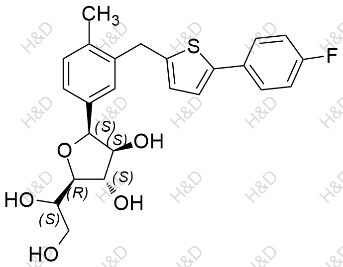 (2R,3S,4S,5S)-2-((S)-1,2-dihydroxyethyl)-5-(3-((5-(4-fluorophenyl)thiophen-2-yl)methyl)-4-methylphenyl)tetrahydrofuran-3,4-diol	卡格列净杂质56	