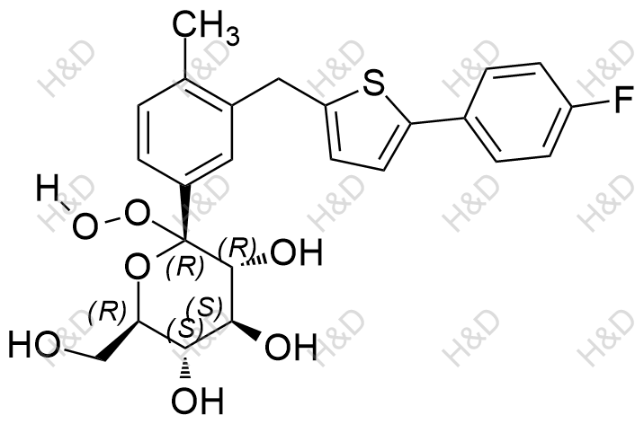 (2R,3R,4S,5S,6R)-2-(3-((5-(4-fluorophenyl)thiophen-2-yl)methyl)-4-methylphenyl)-2-hydroperoxy-6-(hydroxymethyl)tetrahydro-2H-pyran-3,4,5-triol	卡格列净杂质64	