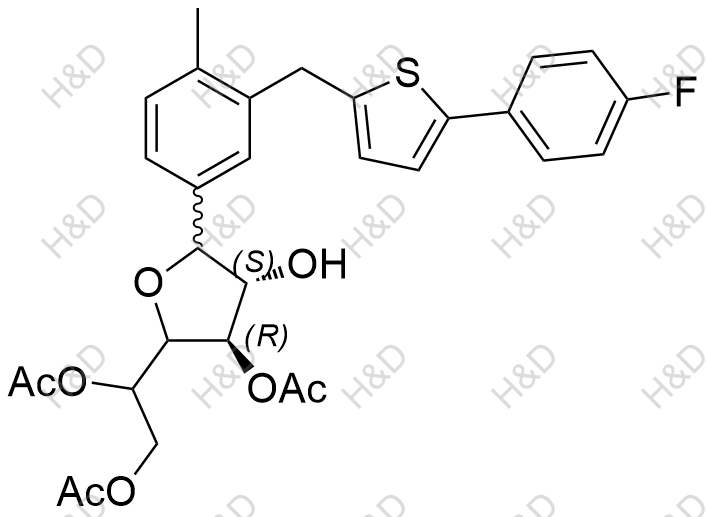 1-((3R,4S)-3-acetoxy-5-(3-((5-(4-fluorophenyl)thiophen-2-yl)methyl)-4-methylphenyl)-4-hydroxytetrahydrofuran-2-yl)ethane-1,2-diyl diacetate	卡格列净杂质81	