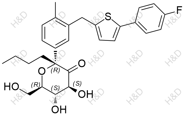 (2R,4S,5S,6R)-2-butyl-2-(3-((5-(4-fluorophenyl)thiophen-2-yl)methyl)-4-methylphenyl)-4,5-dihydroxy-6-(hydroxymethyl)dihydro-2H-pyran-3(4H)-one	卡格列净杂质93	