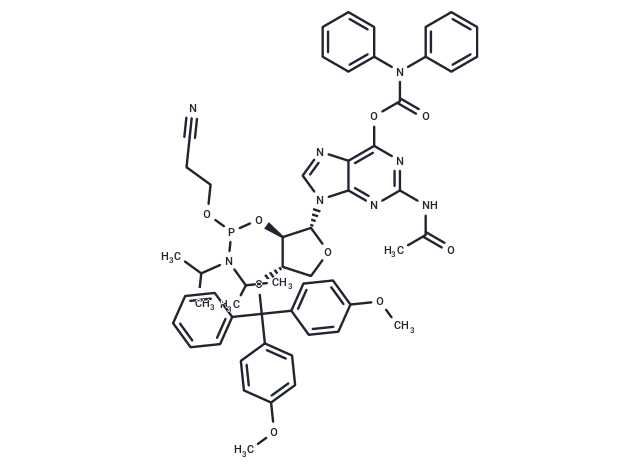 化合物 DMTr-TNA-G(O6-CONPh2)(N2Ac)-amidite; 2-Acetylamino-1-{2’-O-[(2-Cyan oethoxy)(diisopropylamino)phosphino]-3’-O-[(4,4’-dimethoxytri phenyl)methyl]-a-L-threofuranosyl}-6-(N,N-diphenylcarbamoyloxy)-9H-purine|TNU1646|TargetMol